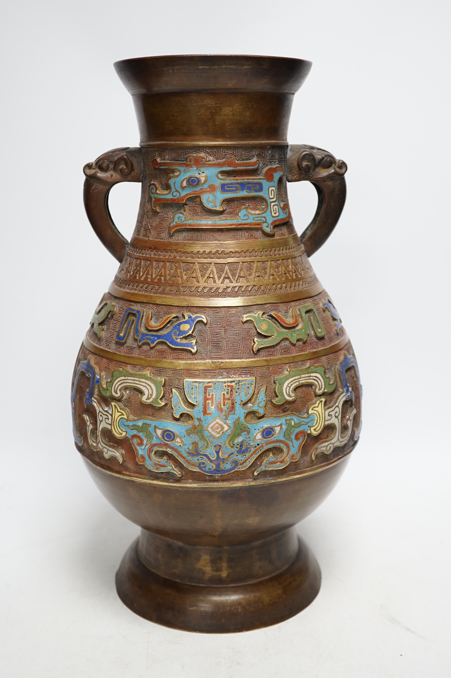 A Japanese bronze and champlevé enamel two handled vase, 40cm high. Condition - fair to good